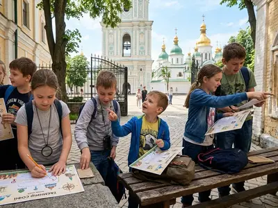 Школярі з гідом на Софіївський площі під час квесту Таємниці давніх стін