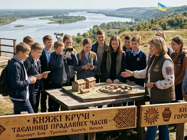Краєвид на Дніпро та деревяна капличка у Витачеві під час шкільної екскурсії з Jane Tour Kyiv