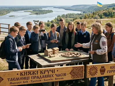 Краєвид на Дніпро та деревяна капличка у Витачеві під час шкільної екскурсії з Jane Tour Kyiv